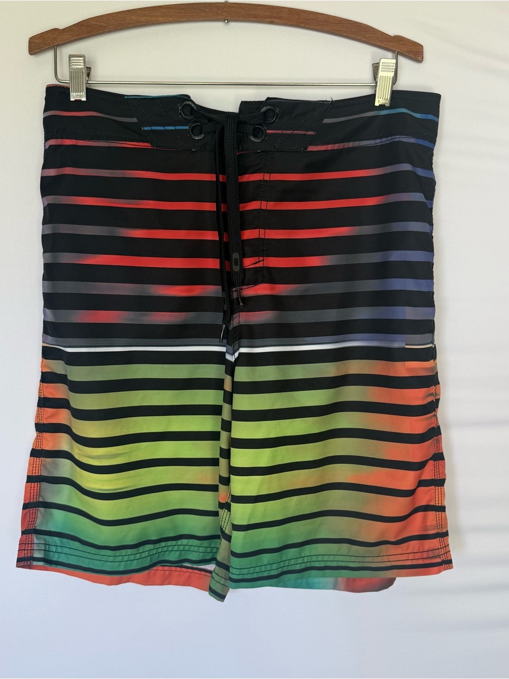Oakley Black Boardshorts with Rainbow Gradient Stripes Y2K 21”